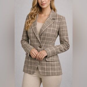 Maeve by Anthropologie Collegiate Plaid Knit Blazer in a brown and black XS
